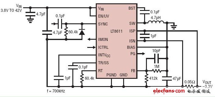 具有1A輸出電流限值的-3.3V負(fù)轉(zhuǎn)換器電路圖