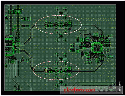 圖4. 發射器、DAC/調制器接口濾波器部分的PCB布局