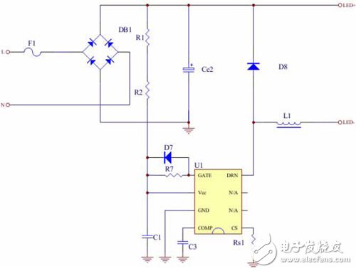 全閉環(huán)非隔離降壓恒流18W LED日光燈驅(qū)動(dòng)電源示意圖