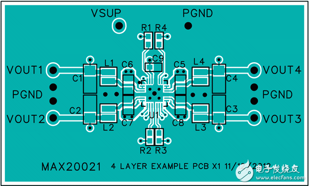 Figure 4. Example of a four-layer PCB layout—top layer.圖4. 四層板布線–頂層