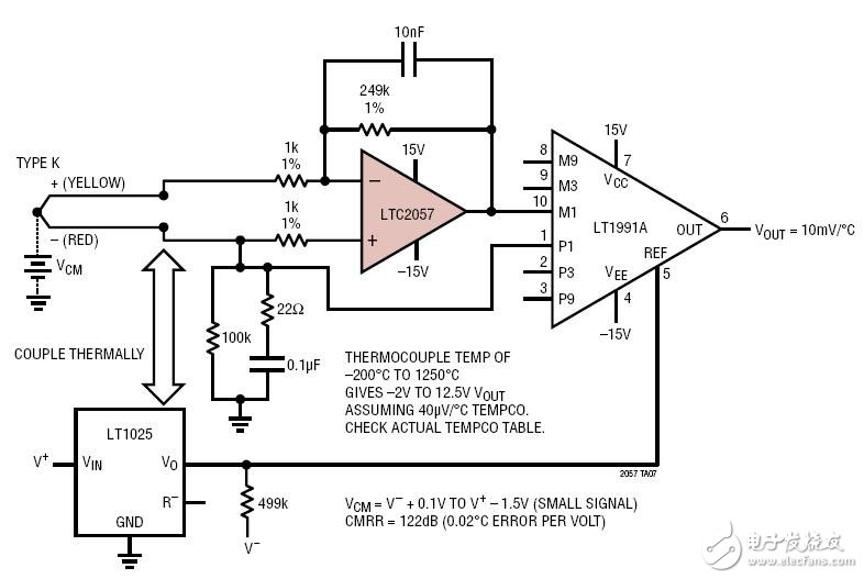 LTC2057差分熱電偶放大器電路圖