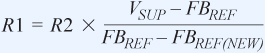 電阻分壓器的必需值可以使用公式1計算，其中 VSUP是輔助調節電壓， FBREF（NEW）是RSENSE兩端的目標電壓。
