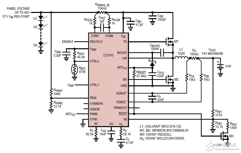 70W, Solar Energy Harvester with Maximum Power Point Regulation具最大功率點(diǎn)調(diào)節(jié)功能的70W太陽(yáng)能收集器電路圖