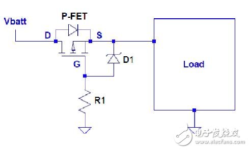 圖1：用P-FET實現電池反極性保護。