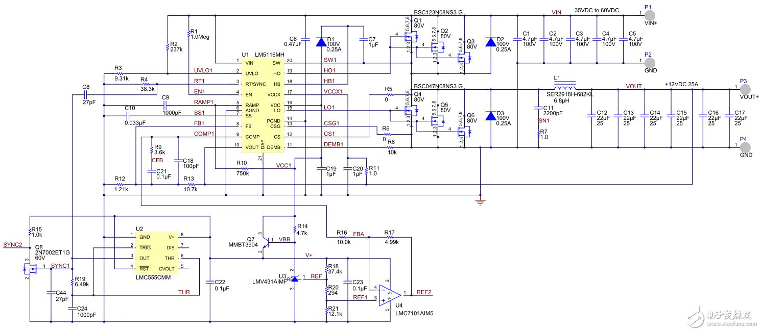 35V-60V輸入、12V/600W雙相降壓轉(zhuǎn)換器電路圖