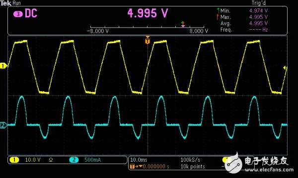 圖6： 使用DVM監(jiān)測DC輸出電壓。AC輸入電壓波形用黃色顯示，電流波形用藍色顯示。