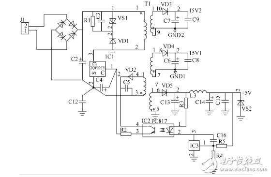 具有兩組15V直流和一組5V開關電源電路設計圖