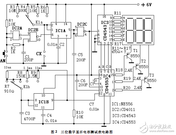 三位數字顯示電容測試表電路模塊設計