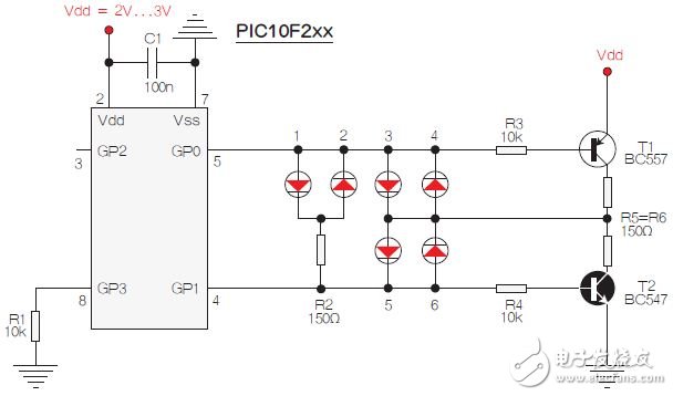 兩個PIC引腳驅動LED燈應用電路設計圖