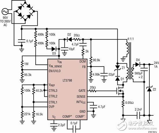 圖 1:具主端輸出電壓檢測的 LT3798 反激式轉換器