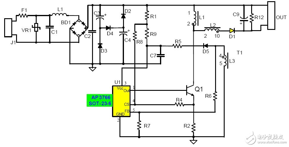 圖2. 基于AP3766的高功率因數非隔離LED驅動電路原理圖