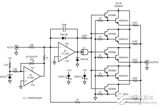 圖 13：驅(qū)動器電路板使 AC 和 DC 電壓相加，以在頻率直至 10MHz 時提供數(shù)安培電流。