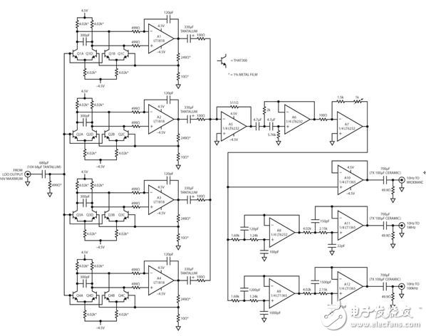 圖 2：圖 1 所示方框圖的實(shí)際電路。并聯(lián)的各級(jí)每個(gè)都配備了低噪聲三極管差分電路，以降低噪聲，同時(shí)提高增益。
