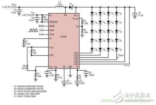 汽車電池供電的驅動器用于20個 LED
