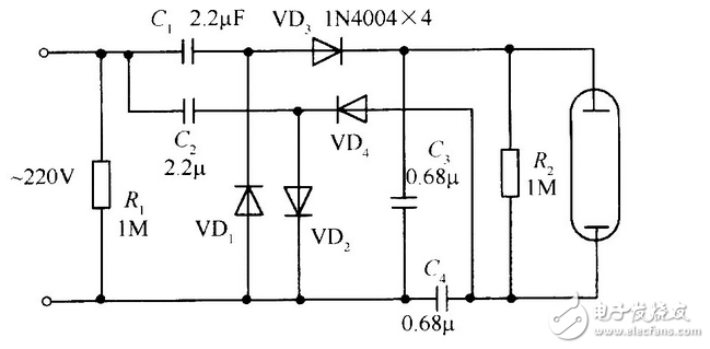 正半周時，D1導通，D2截止，電容器C1充電到Vm，其電流路徑及電容C1的極性如上圖（a）所示。