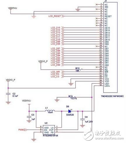 RT9284B15PJ6芯片是一個高效高度集成的LED驅動器，相當于一個LED開關。LCD背光燈電路原理圖 如圖一，LCD背光燈連接到RT9284B15PJ6芯片的兩個引腳，而芯片的其中一個引腳連接到PWM。我們主要通過PWM的相關寄存器來產生不同效果的波形 從而間接控制背光燈的亮度，所以下面我們會主要介紹下PWM。