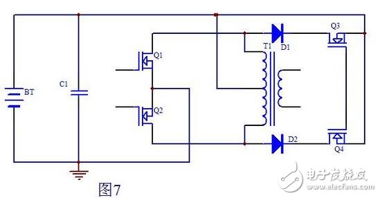 上面我們已經分析了Q1，Q2兩管漏極產生尖峰的原因，下面我們就來想辦法消除這個尖峰了。我想到的辦法就是Q1，Q2的漏極到電池的正極加一個開關，當然這個開關也由MOS管來充當，當然其它功率管也行。這個開關只在Q1，Q2都截止時才導通，用電路實現如圖7所示：