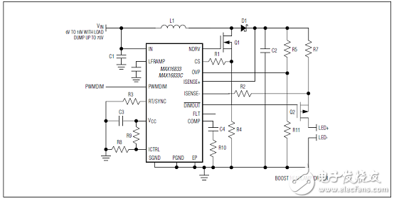 Maxim MAX16833/MAX16833B/C/D/G集成高側電流感的高壓HB led驅動方案