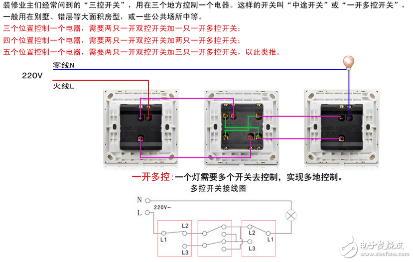 一開三控開關接線圖解_單聯(lián)三控開關接線圖解