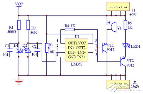 紅外二極管感應報警電路PCB板的設計原理圖