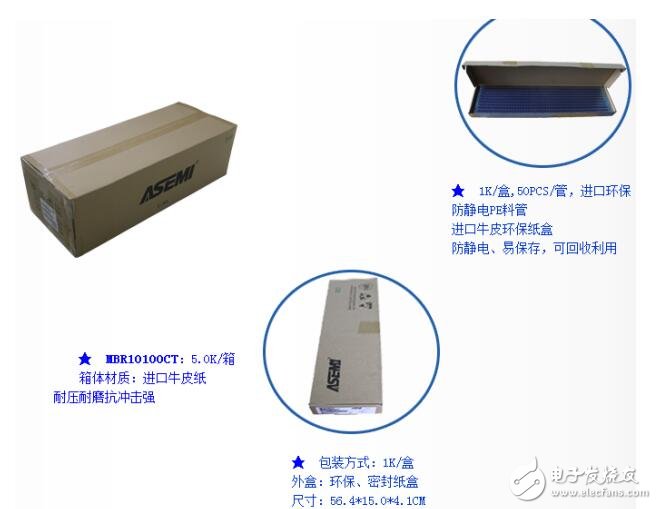 ASEMI肖特基二極管MBR10100CT采用防靜電PE料管包裝防靜電、易保存，可回收利用