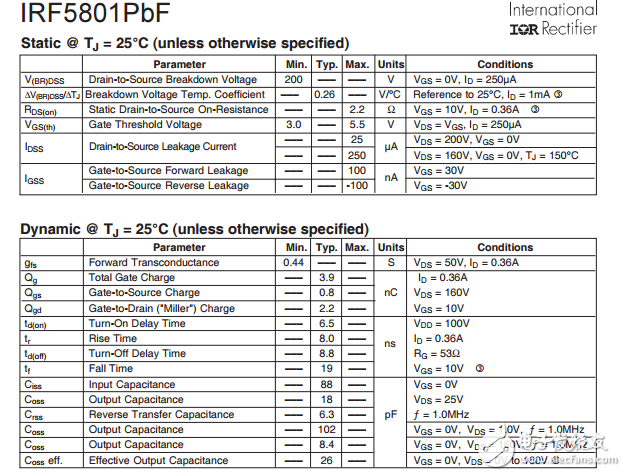 irf5801pbf，FET的功率MOSFET數據手冊