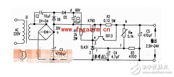 　　工作原理  　　如圖所示，220v電壓經變壓器B降壓、D1-D4整流、C1濾波。此外D5、D6、C2、C3組成倍壓電路（使得Vdc＝60V），Rw、R3組成分壓電路，T1431、R1組成取樣放大電路，9013、R2組成限流保護電路，場效應管K790作調整管（可直接并聯使用）以及C5是輸出濾波器電路等。  　　穩壓過程是：當輸出電壓降低時，f點電位降低，經T1431內部放大使e點電壓增高，經K790調整后，b點電位升高；反之，當輸出電壓增高時，f點電位升高，e點電位降低，經K790調整后，b點電位降低。  　　從而使輸出電壓穩定。當輸出電流大于6A時，三極管9013處于截止，使輸出電流被限制在6A以內，從而達到限流的目的。本電路除電阻R1選用2W、R2選用5W外，其它元件無特殊要求，其元件參數如圖3所示。  　　1  　　2  　　基于TL431的延時定時器電路圖  　　1  　　TL431的無反饋，可以看作一個NPN或N - MOS器件高跨導和精確的2.5V接通電壓 。管頭要小心：TL431的引腳上（+電源）是陰極，較低的（供應） - 陽極 。。。 它的另一個世界。  　　1  　　重負荷（超過100毫安），可以通過完全脫鉤的繼電器或optocouples供電，或與PNP（P - MOS）開關晶體管。為監管機構制定的特殊的PNP類型 - 這些具有低壓降和不需要很多的基極電流。  　　1  　　要添加遲滯（正反饋） - 添加另一個PNP逆變器。從電源紋波穩壓器中分離出來的RS - DS輸入網絡。  　　1  　　基本定時器配置。設置起動電流通過RT為100uA（遠高于基輸入繪制2uA）。開啟延時T1 = 2.5V/U1 *（RT * NO）。斷電延時通常是由負載電流，但你必須考慮電源capacitanca和泄漏（C2，R2）的影響。  　　工作例如：連續兩次在電子管放大器的延遲（45秒，60秒）。齊納穩壓電源供應器（它可以摩托艇沒有它 - 繼電器的電流是相當高的，100mA的）分離定時電容。  　　如果連續兩次延遲有一個相對較小的時間傳播 - 使用單一的定時電容：  　　1