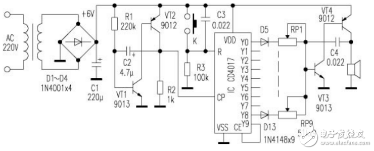 cd4017的簡易門鈴電路及擴(kuò)展（繼電器驅(qū)動電路）