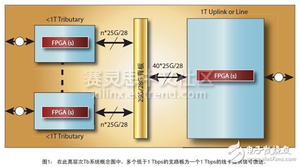 圖1： 在此高層次Tb系統概念圖中，多個低于1 Tbps的支路板為一個1 Tbps的線卡提供信號饋送。