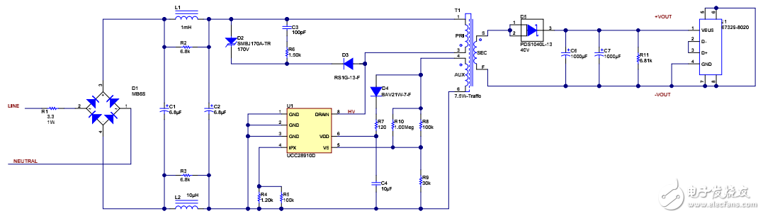 85VAC-265VAC 輸入、5V7.5W 低成本、小尺寸反激電路原理圖的分享