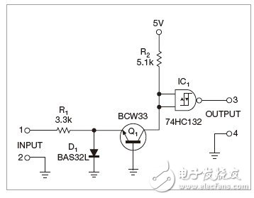 圖1，本電路使用單一電源，有良好的噪聲抑制能力，但不能可靠地轉換梯形脈沖。