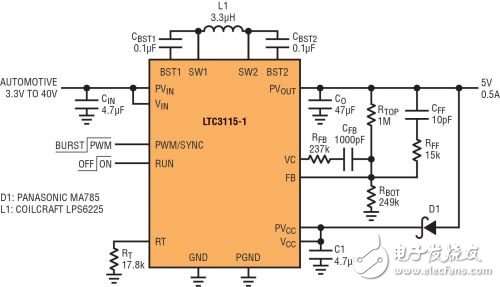 圖 2：能應對冷車發動情況的 5V、2MHz 汽車電源