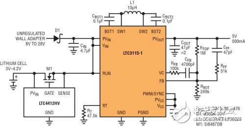 圖 7：為了實(shí)現(xiàn)高效率，這個(gè)雙輸入 5V 電源在電池通路中采用 LTC4412 低損耗電源通路 (PowerPath?) 控制器和 P 溝道 MOSFET 取代了肖特基二極管。廉價(jià)肖特基二極管用在較高電壓輸入端，在這里，肖特基二極管的壓降微不足道。