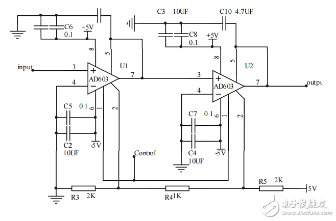 AD603應用電路之可控直流寬帶放大器