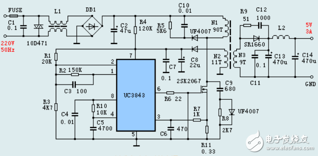 開(kāi)關(guān)電源電路圖_基于UC3843的開(kāi)關(guān)電源電路圖