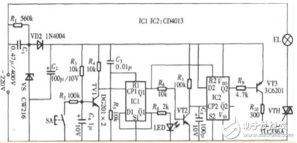 cd4013應(yīng)用電路圖大全（觸摸開關(guān)電/定時器/繼電器/電源頻率檢測器）