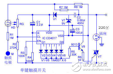 cd4017電子制作電路圖大全（單鍵觸摸開關/幸運抽獎機/紅綠燈/密碼鎖）