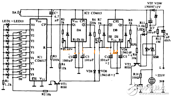 cd4017電子制作電路圖大全（單鍵觸摸開關/幸運抽獎機/紅綠燈/密碼鎖）